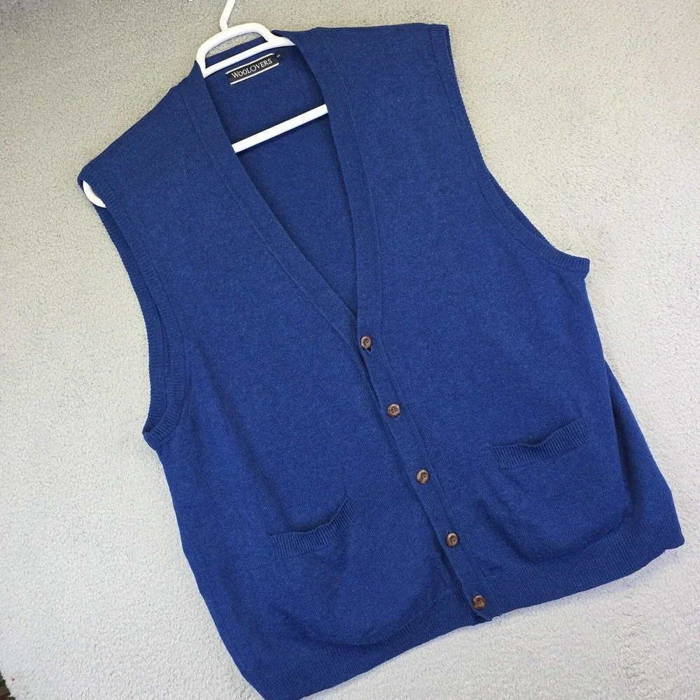 Woolovers Sweater Vest‎ Mens 2XL Blue Sleeveless Button Up Knit Preppy Academia